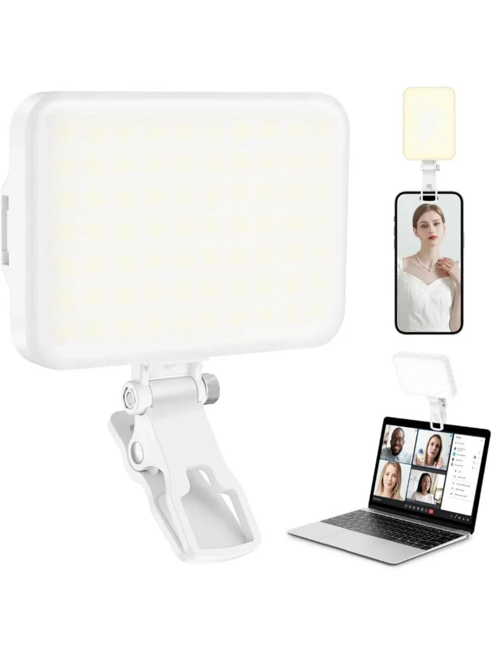 60 LED Portable Selfie Light with Clip & Tripod - Rechargeable, 9 Modes for